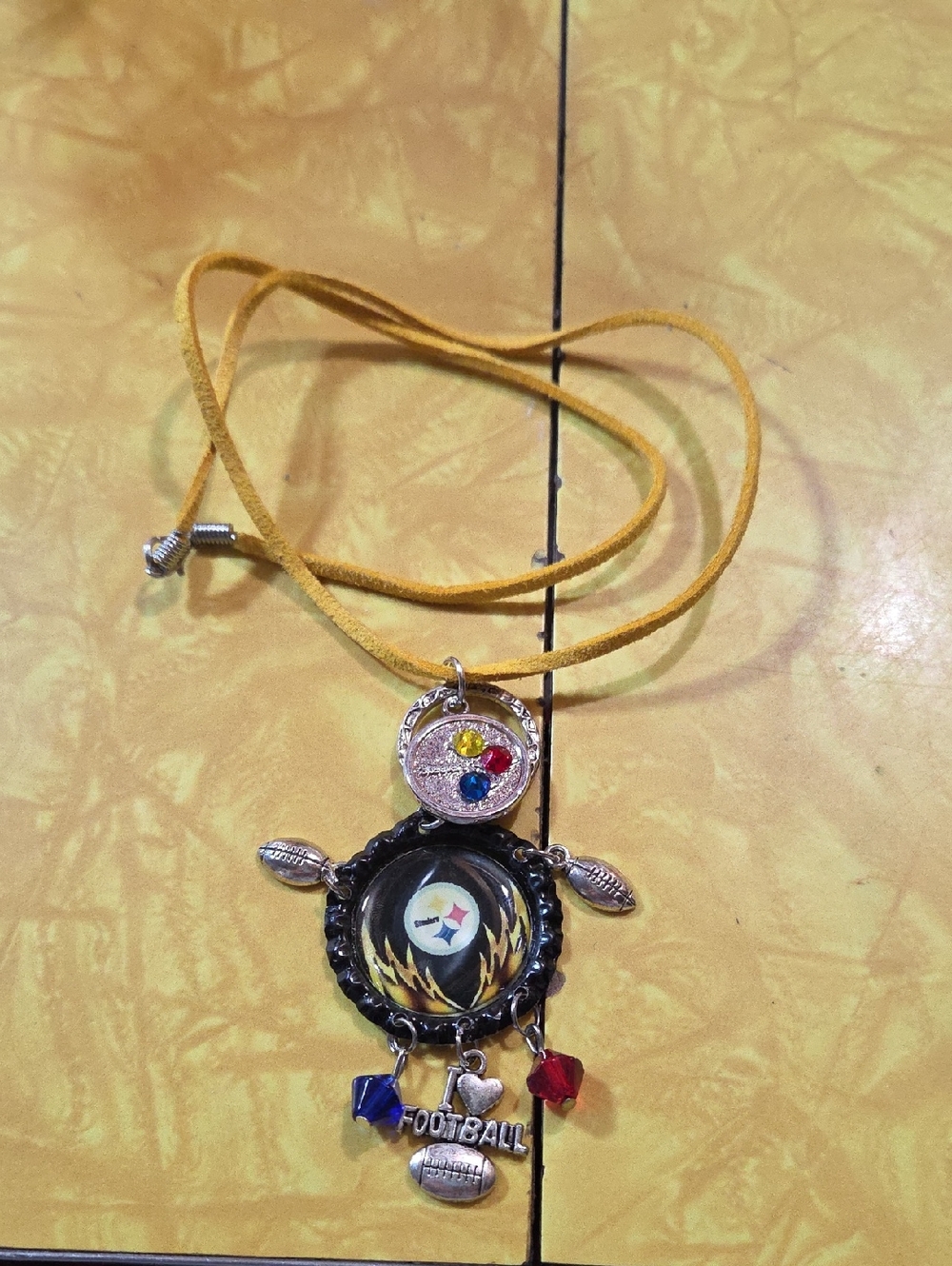 #G Steelers Yellow Suede Football Pendant Necklace - I Love Football Charm